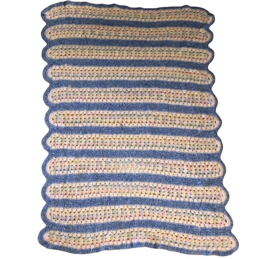 Vintage Crochet Afghan Blue Pink Handmade Baby Crib Quilt Nursery Blanket 40x31